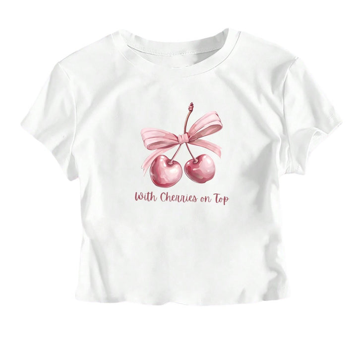 Damen Kurzarm Crop-T-Shirt mit fröhlichem Kirschmotiv und Schleifenapplikation Drune