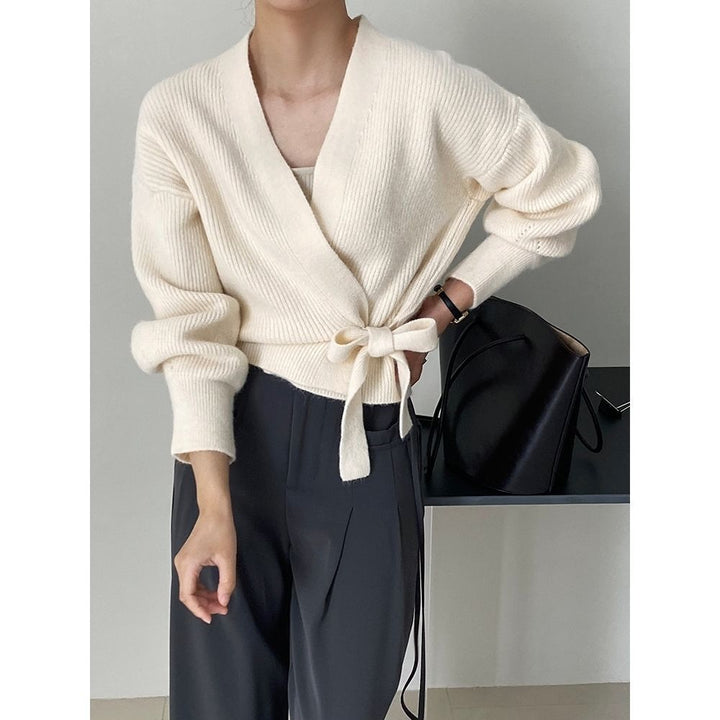 Damen eleganter Wickelpullover mit V-Ausschnitt und Taillenzug Drune