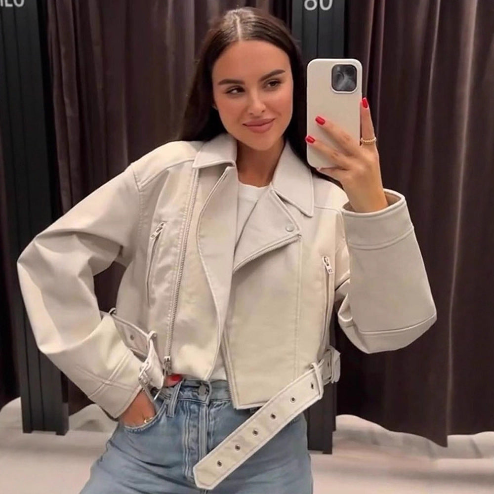 Damen Kurzgeschnittene Bikerjacke aus Kunstleder mit Taillengürtel Drune