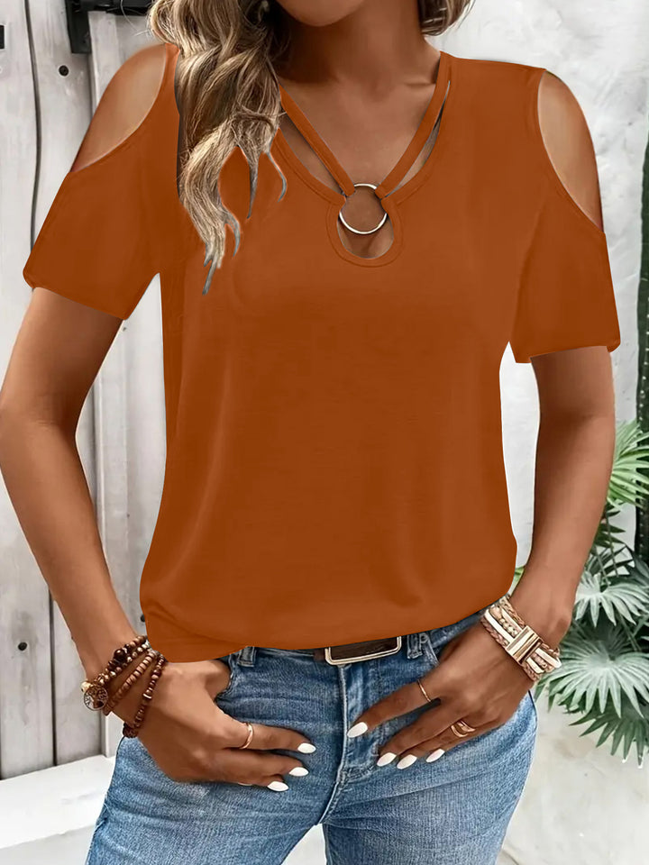 Damen modisches Kurzarmshirt mit offenen Schultern und dekorativem Ring Drune