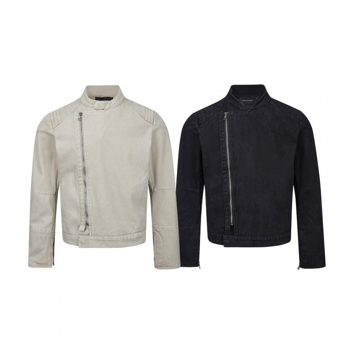 Herren Asymmetrische Kurzjacke im Biker-Stil mit Stehkragen und schrägem Metallreißverschluss Drune