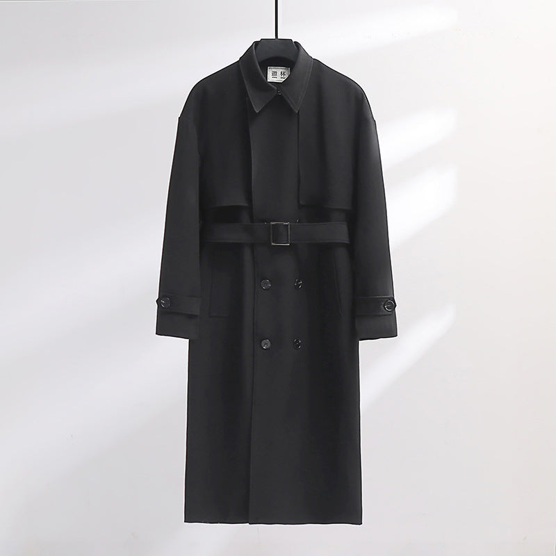Herren Langer Doppelreihiger Trenchcoat mit Taillengürtel und Oversize‑Schalkragen Drune