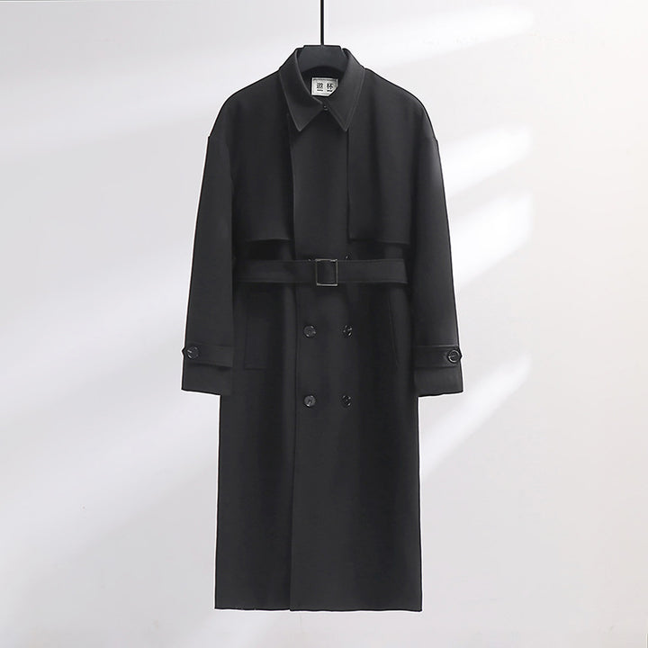 Herren Langer Doppelreihiger Trenchcoat mit Taillengürtel und Oversize‑Schalkragen Drune