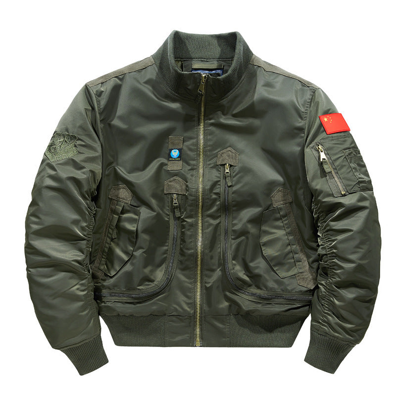 Herren Bomberjacke im Militärstil mit mehreren Reißverschluss-Taschen und Stehkragen Drune