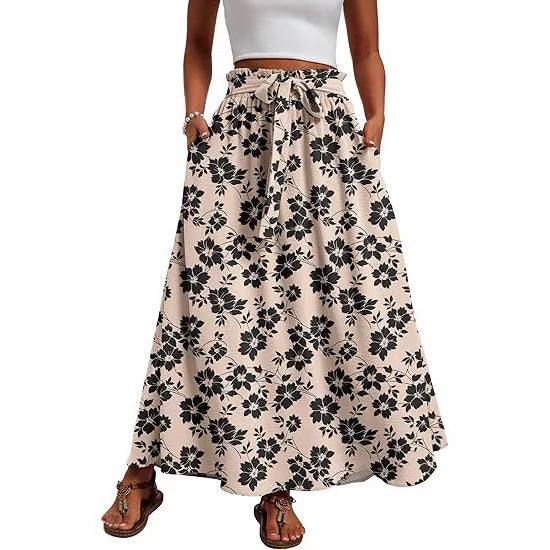 Damen Maxi-Rock mit Paperbag-Taillengürtel, Bindegürtel und Seitentaschen Drune