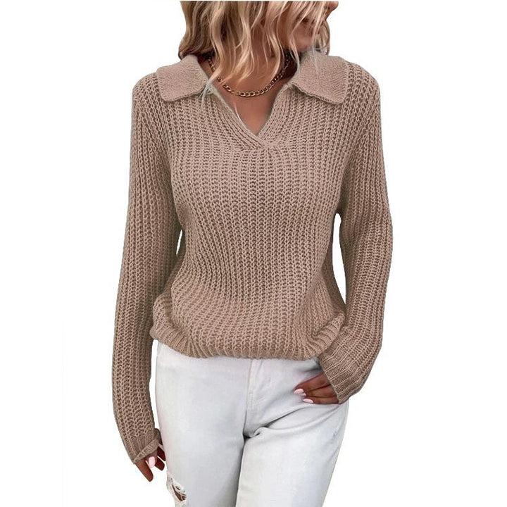 Damen V-Ausschnitt Strickpullover mit Kragen Drune