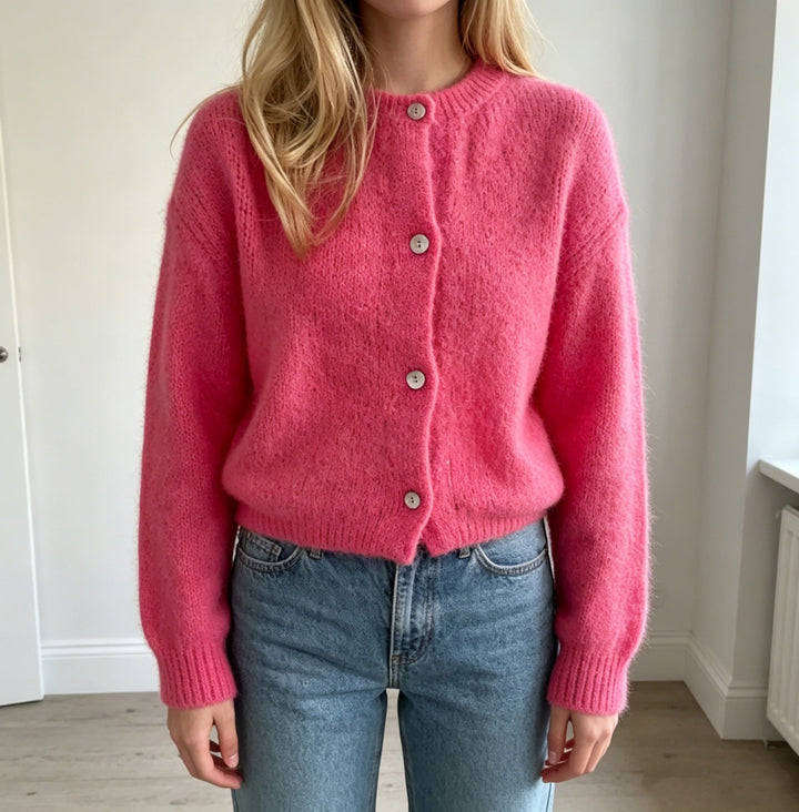 Damen Kuschelige Mohair-Optik Strickjacke mit Rundhals und Ballonärmeln Drune