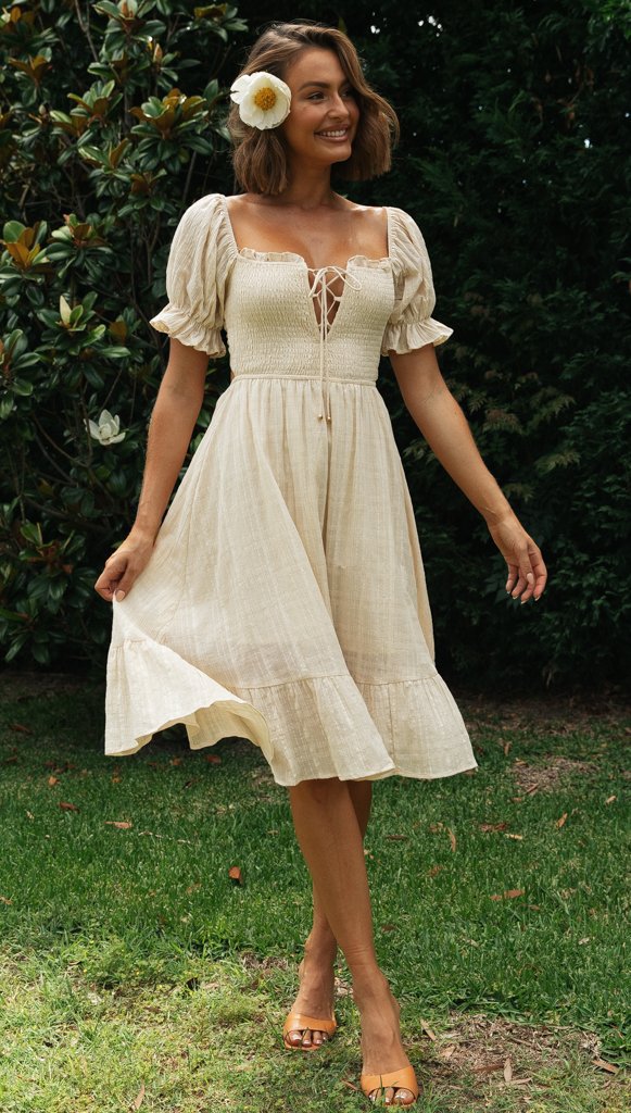 Damen Hochzeitsfeier Kleid mit Puffärmeln und Schnürung Drune