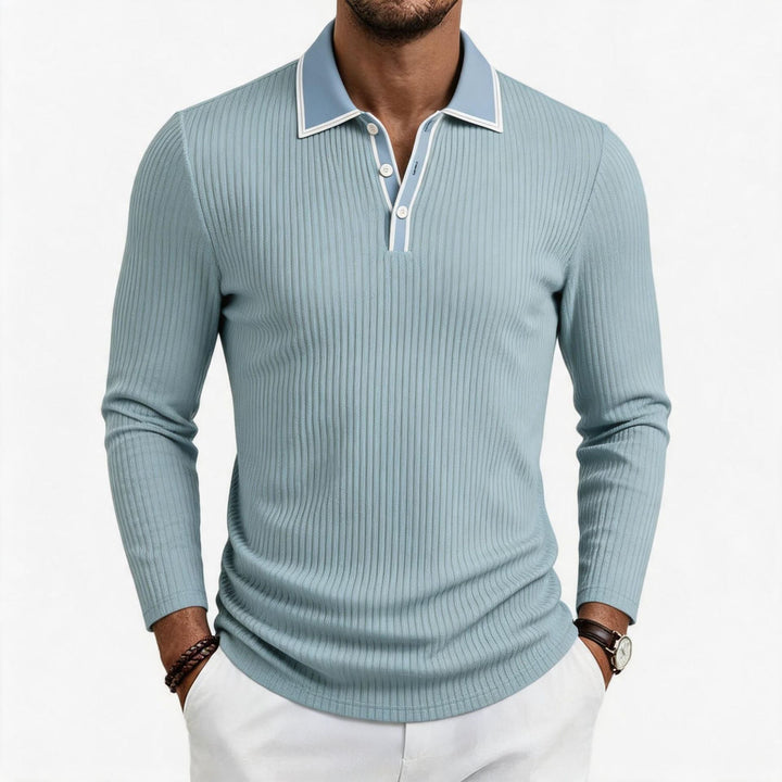 Herren fein geripptes Langarm-Poloshirt aus elastischer Merino-Mixqualität mit Kontrastkanten Drune