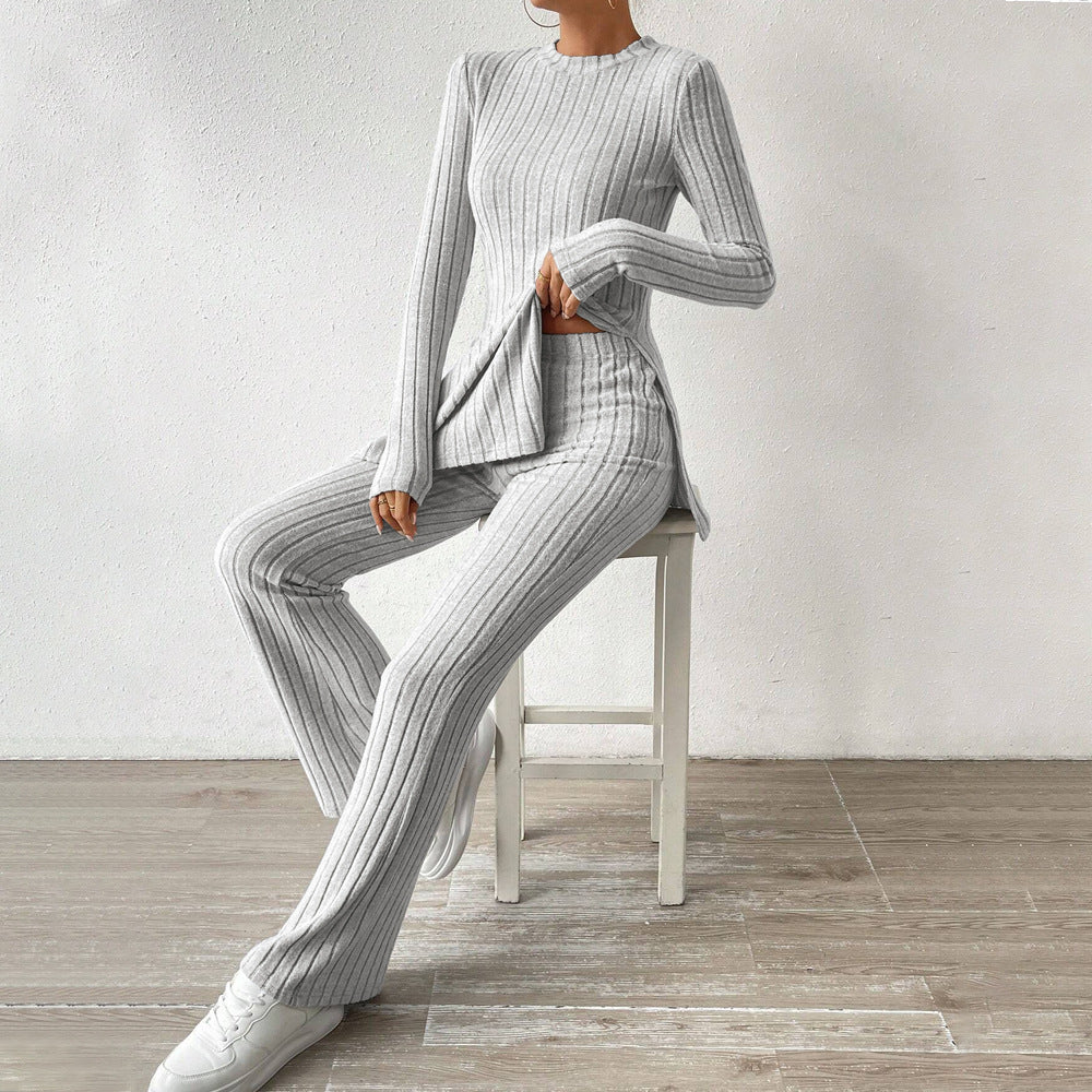 Damen geripptes Feinstrick-Lounge-Set mit seitlicher Saumschlitzen, figurbetontem Longsleeve und weitem Highwaist-Hose Drune