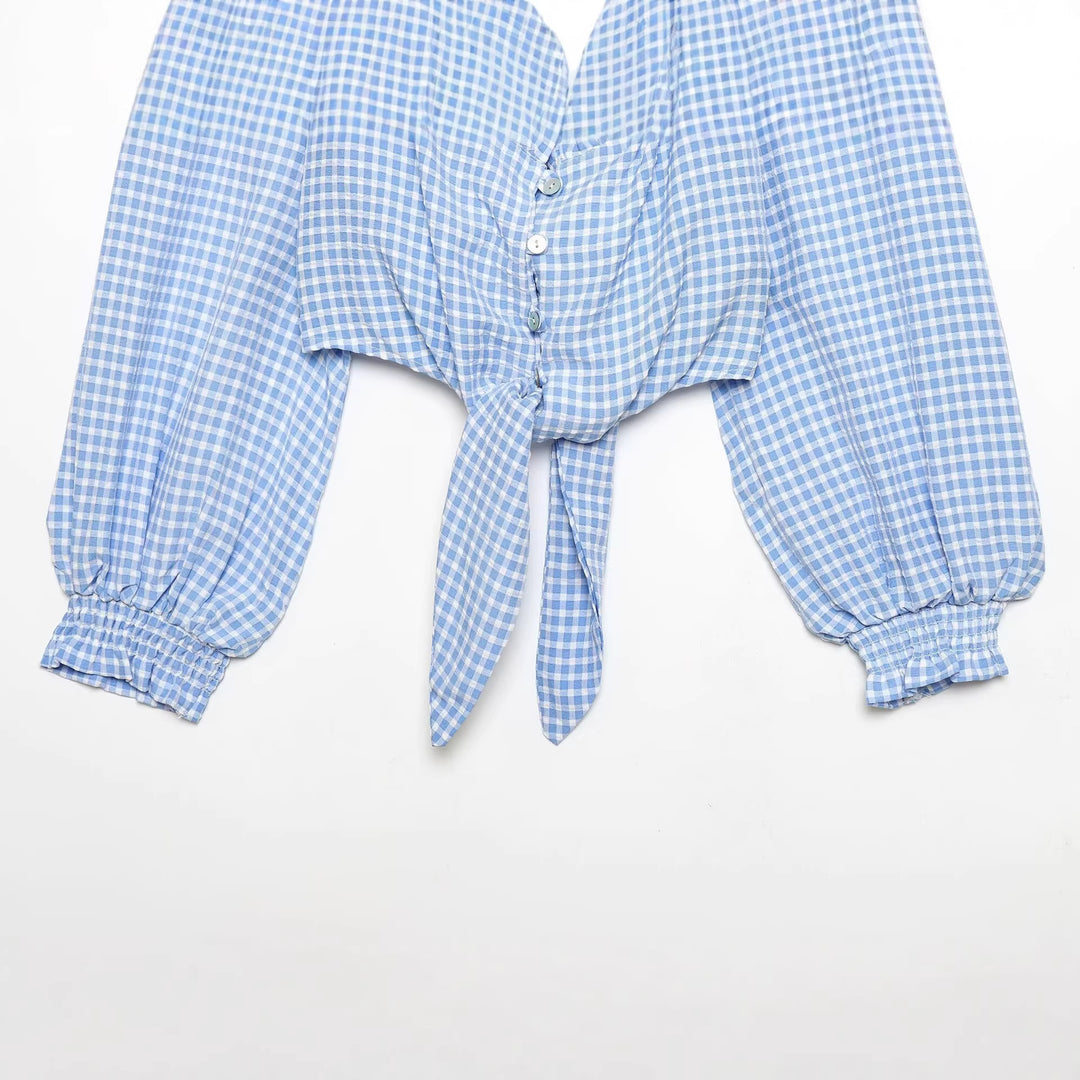 Damen Cropped-Bindeshirt mit Vichy-Karo, Rüschensaum und Ballonärmeln Drune
