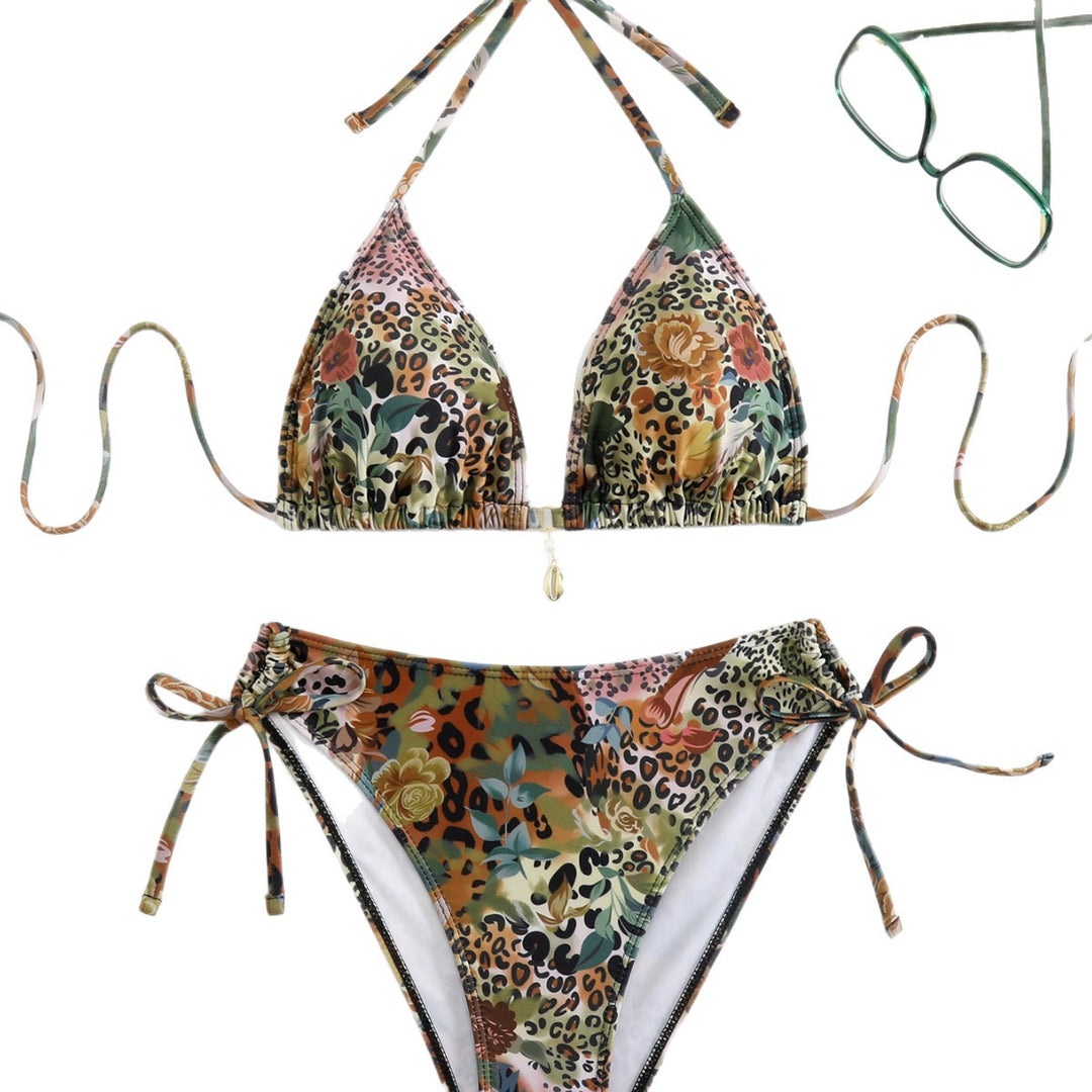 Damen Triangel-Bikini-Set mit floralem Leopardenmuster Drune