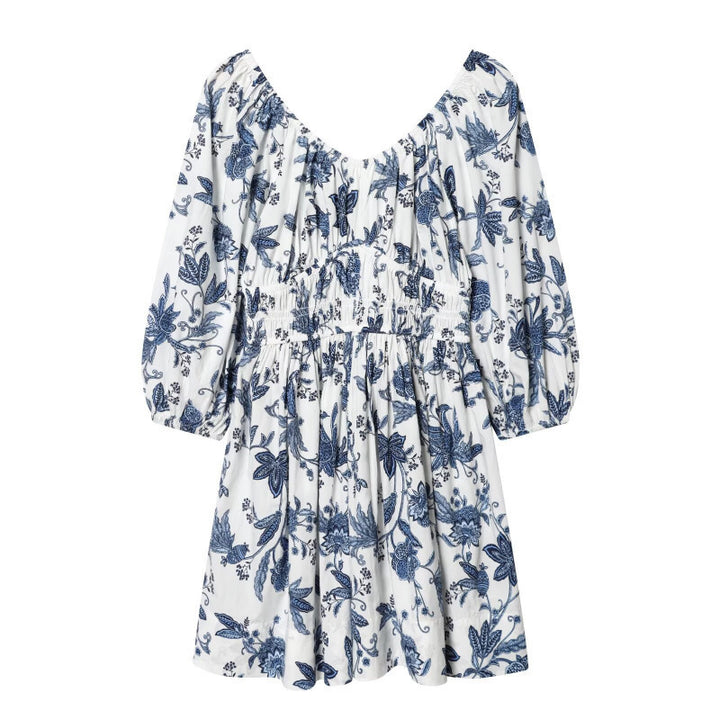 Damen Blumenkleid mit Smok-Taillierung und voluminösen Puffärmeln Drune
