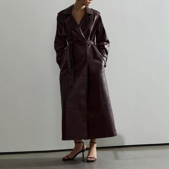 Damen eleganter Kunstleder-Trenchcoat mit taillierbarem Gürtel und praktischen Taschen Drune