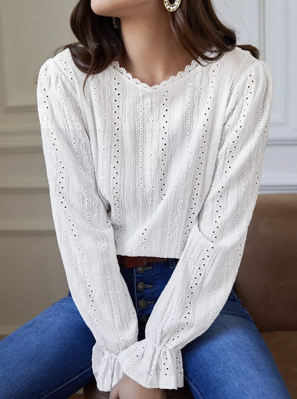 Damen elegante Bluse mit Rüschendetails und Lochstickerei Drune