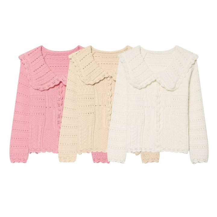 Damen Strickcardigan mit großem scallop-Kragen, Strukturmuster und Zierknopfleiste Drune