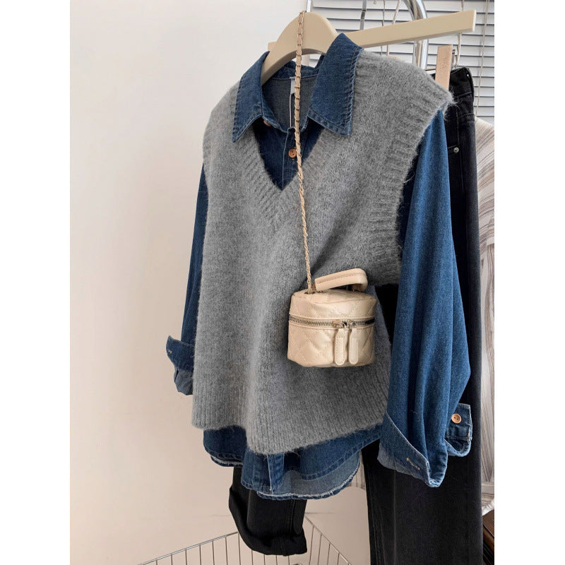 Damen stylischer V-Ausschnitt Strickpullover mit lässigem Denim-Layering Drune
