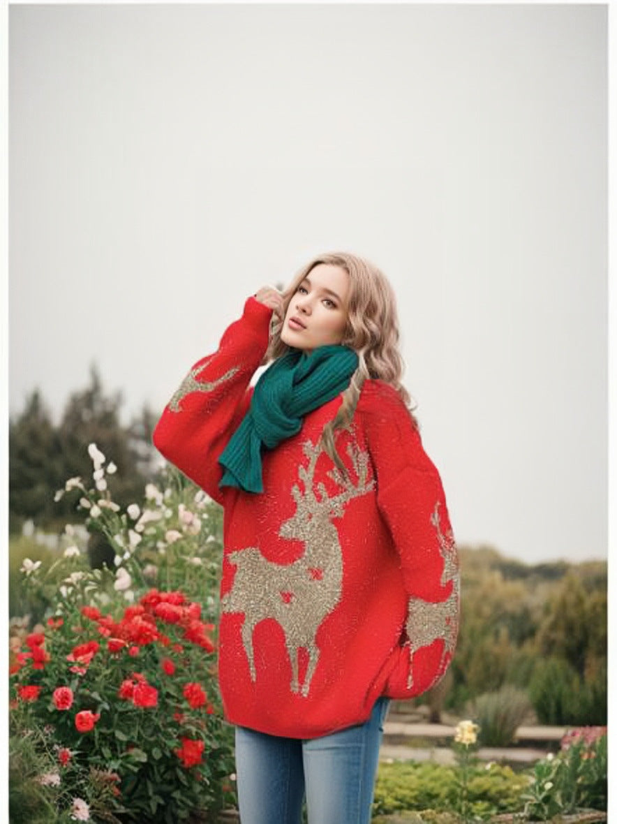 Damen Grobstrickpullover mit festlichem Schneeflockenmuster und weitem Schnitt Drune