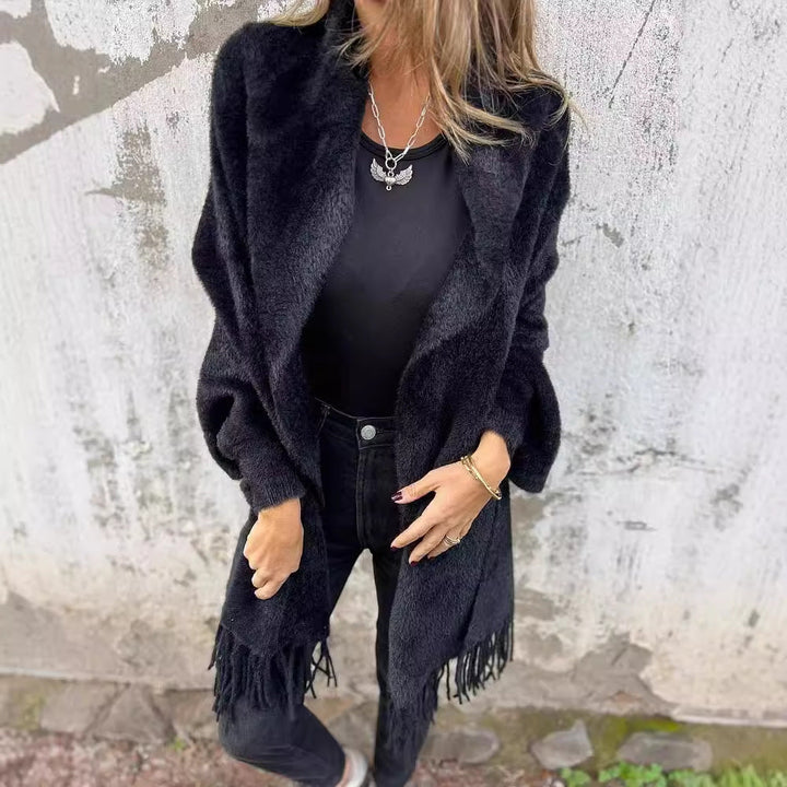 Damen Kuscheliger Strickponcho mit Fransen Drune