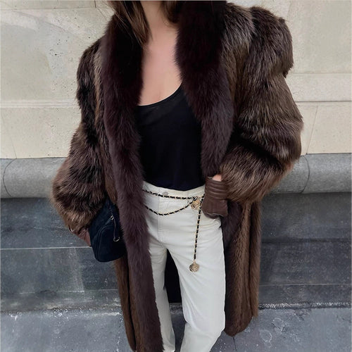 Damen Luxuriöser langer Pelzmantel mit breitem Kragen und voluminösen Ärmeln Drune