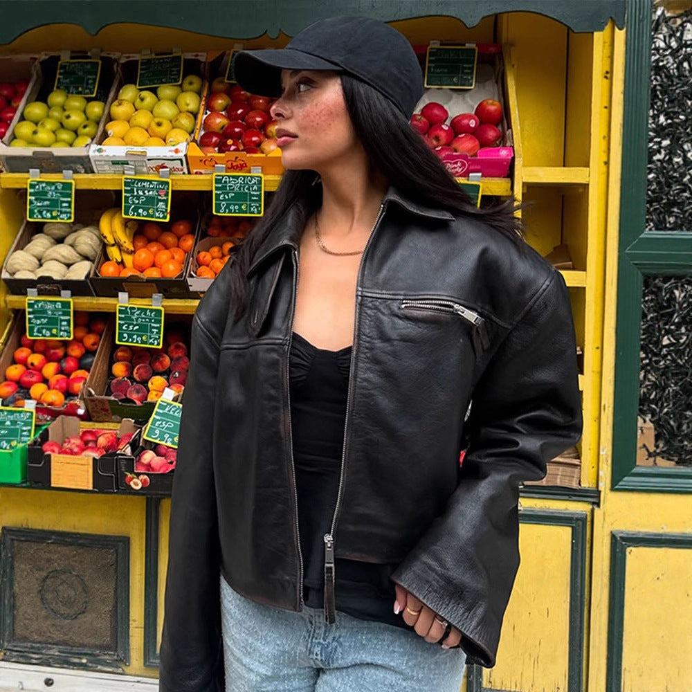 Damen Boxy-Lederimitatjacke mit zweifachem Reißverschluss und Brustzippern Drune