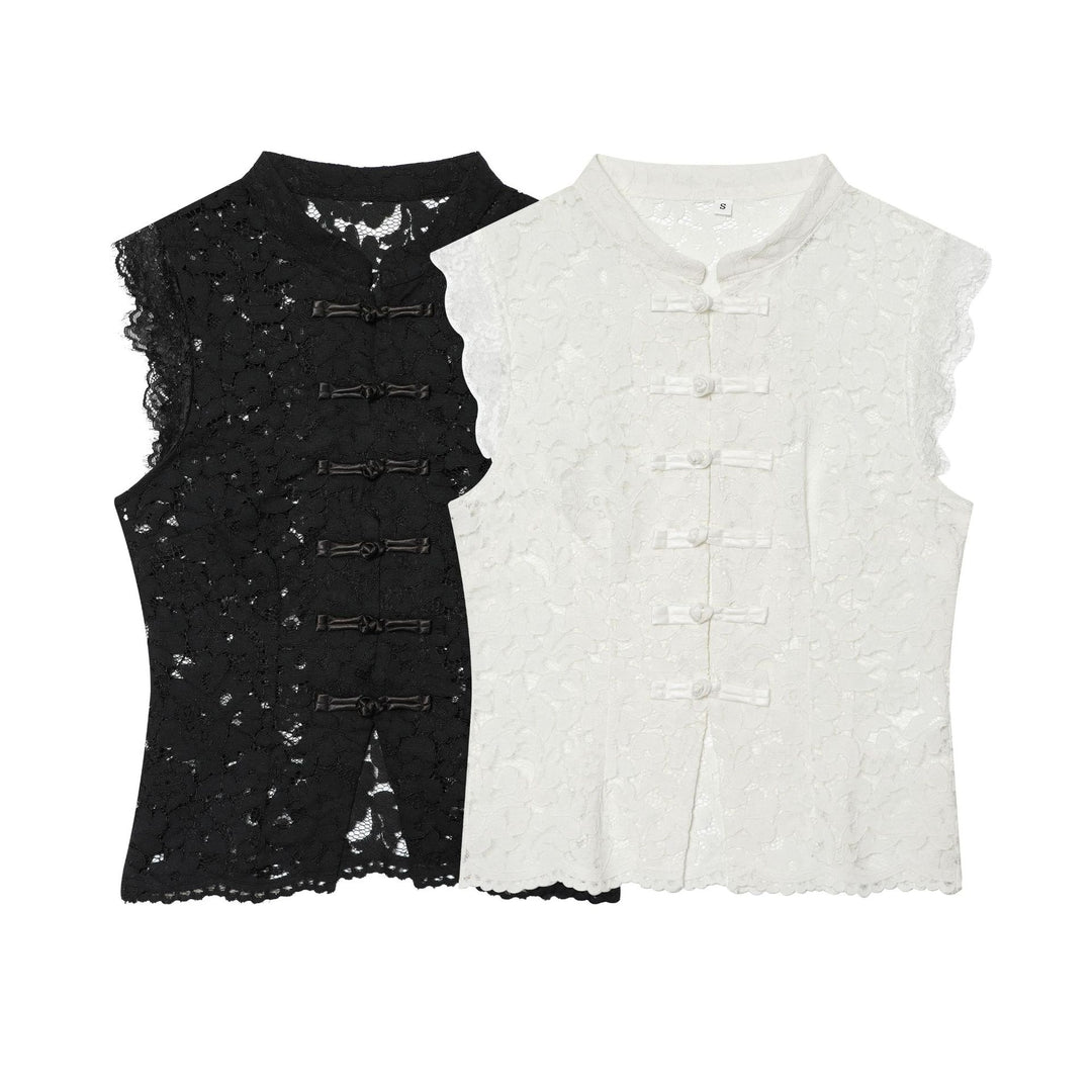 Damen nan elegante Spitzenjacke mit Stehkragen, dekorativen Kordelverschlüssen und cropped Silhouette Drune