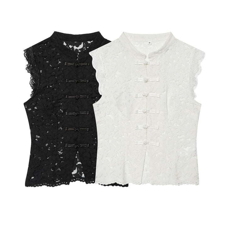 Damen nan elegante Spitzenjacke mit Stehkragen, dekorativen Kordelverschlüssen und cropped Silhouette Drune