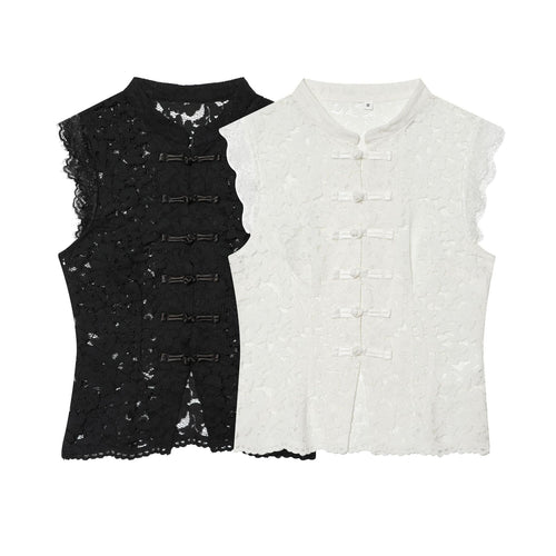 Damen nan elegante Spitzenjacke mit Stehkragen, dekorativen Kordelverschlüssen und cropped Silhouette Drune