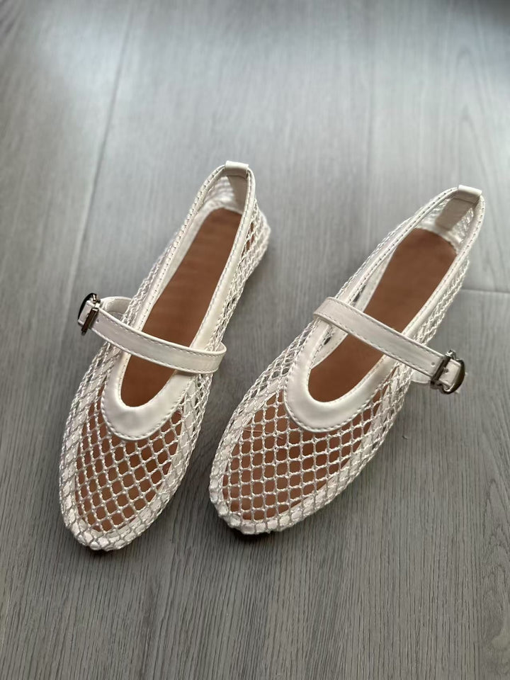 Damen Netz‑Ballerinas mit Mary‑Jane Riemen und geflochtener Sohle Drune