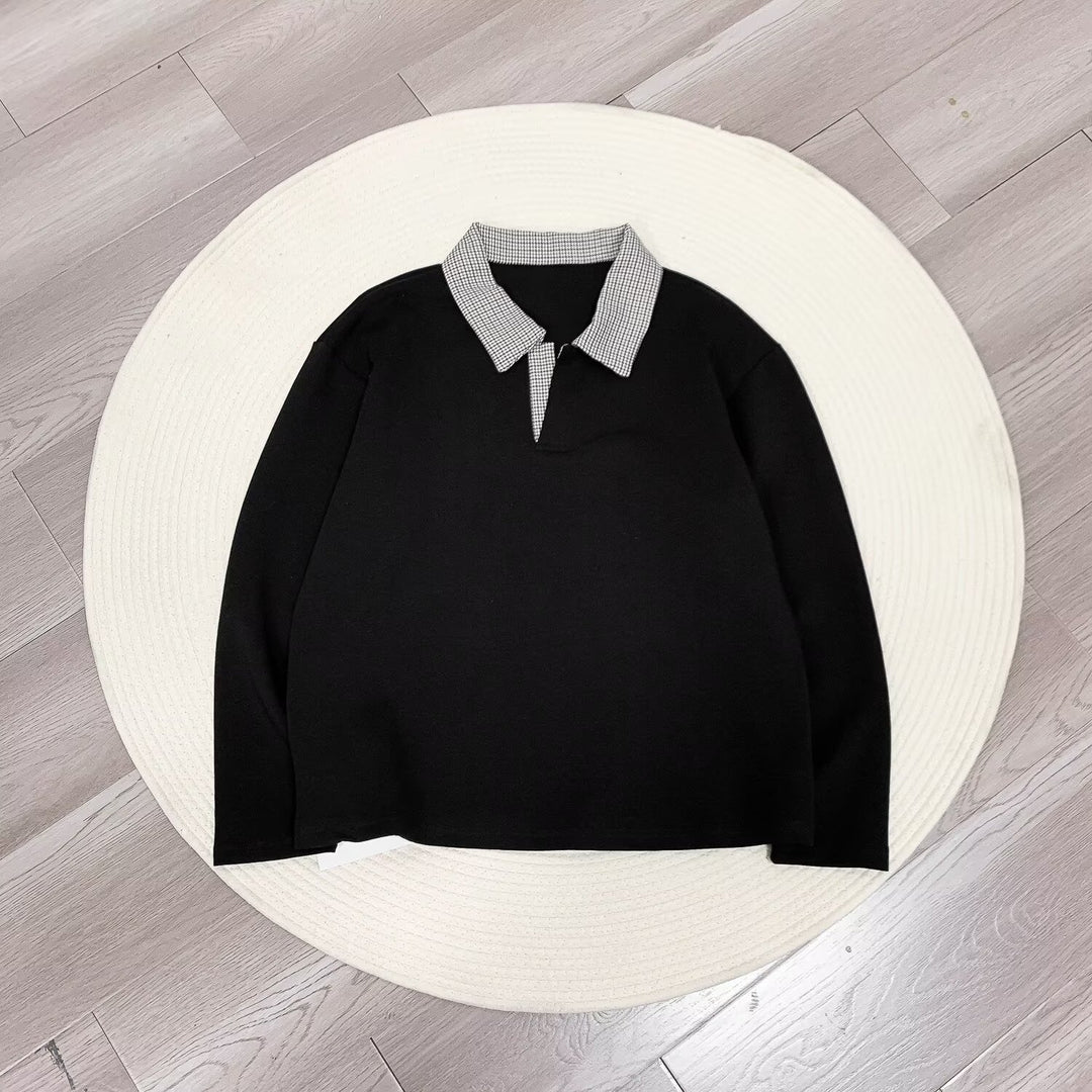Damen Langärmeliges Polo-Shirt mit kontrastierendem Hahnentrittmuster Kragen Drune