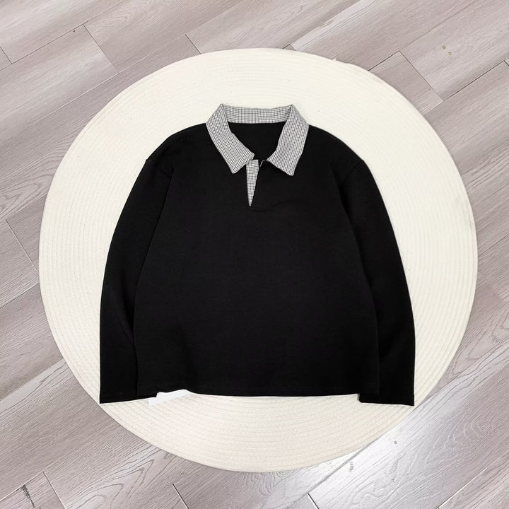 Damen Langärmeliges Polo-Shirt mit kontrastierendem Hahnentrittmuster Kragen Drune