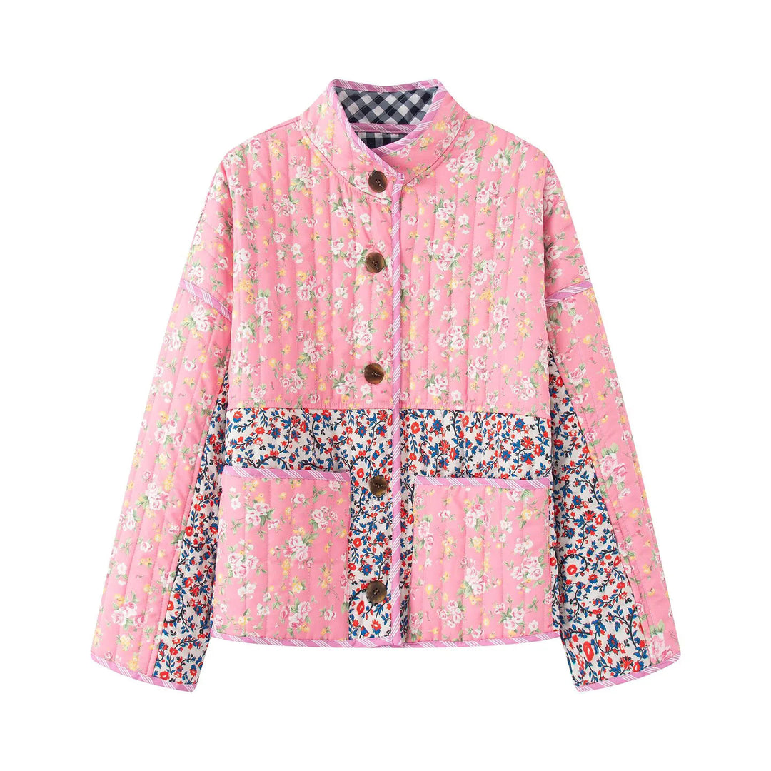 Damen nan gesteppte Patchwork-Quiltjacke mit Stehkragen, großen Zierknöpfen und aufgesetzten Taschen Drune