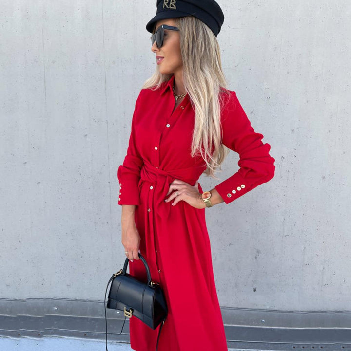 Damen Tailliertes Hemdblusen-Midikleid mit Bindegürtel, Manschetten und Frontschlitz Drune