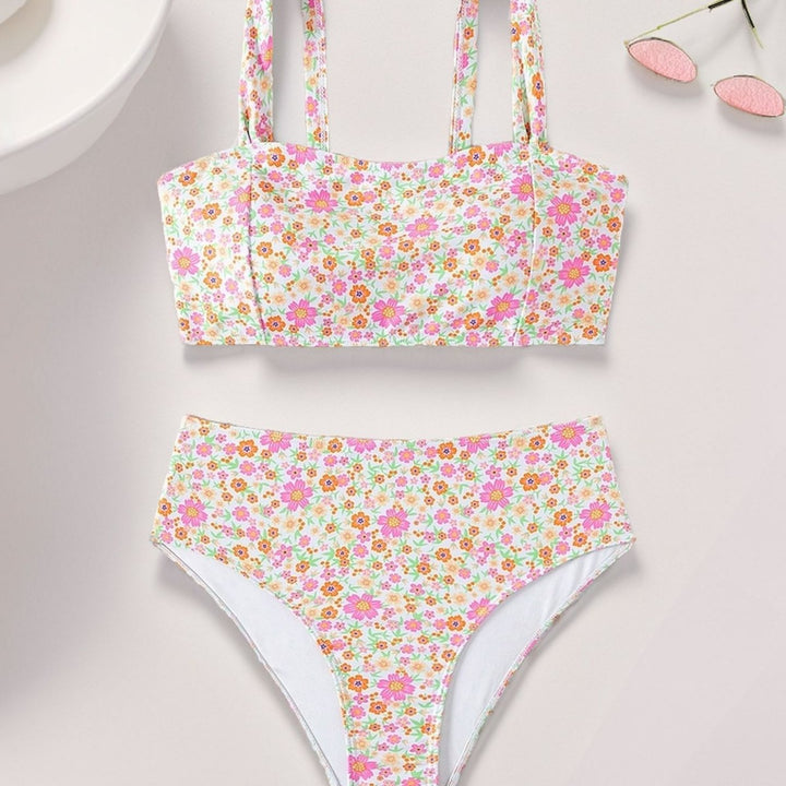 Damen Hochgeschnittener Bikini mit Blumenmuster und breiten Trägern Drune