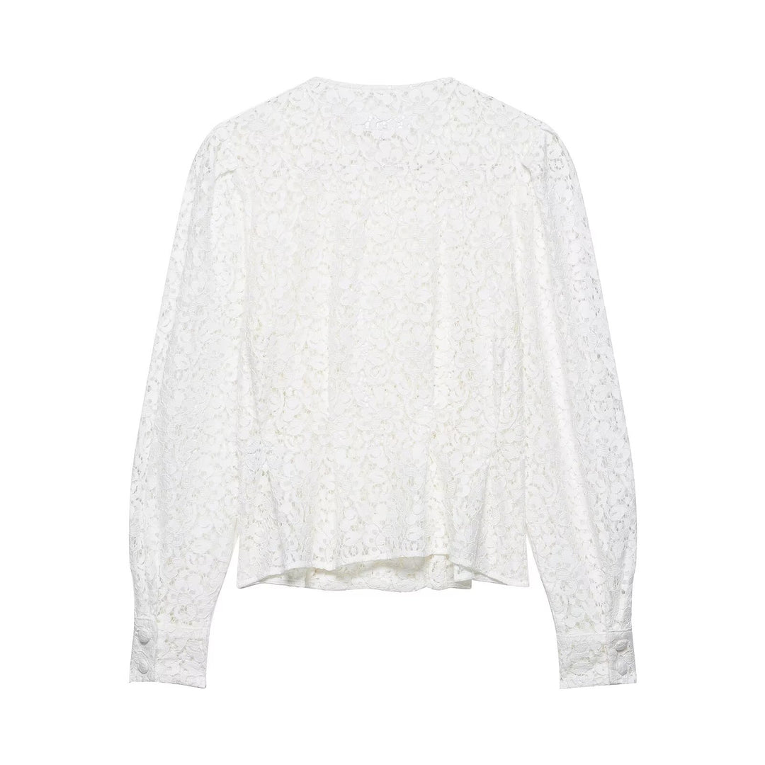 Damen Spitzenbluse im Jackenlook mit floralem Spitzenmuster und Zierknopfleiste Drune