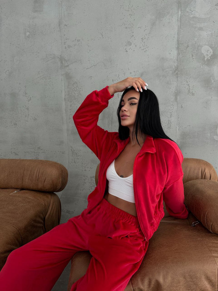 Damen Samt-Loungewear-Set mit kurzem Reißverschluss und geraffter Taillenpartie Drune