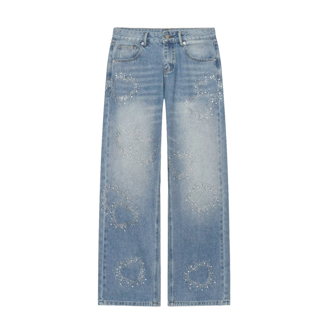 Damen Weite Highwaist-Jeans mit geradem Bein und Herz-Strassbesatz Drune