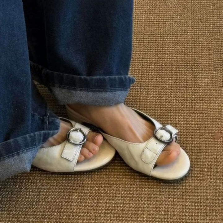 Damen Slip-On Mules mit niedrigem Blockabsatz und Zier-Ringschnalle Drune