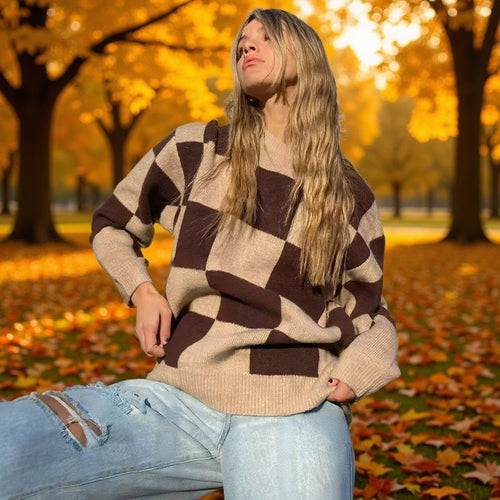 Damen Oversize-Strickpullover mit großem Karo‑Muster und geripptem Saum Drune