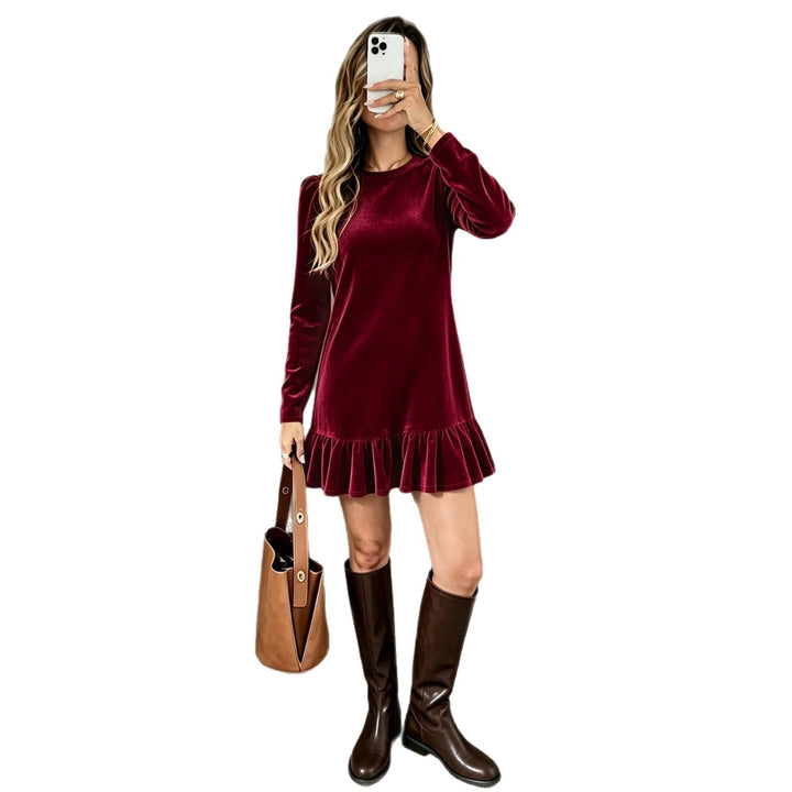Damen Samt-Minikleid mit langen Ärmeln gerafftem Volantsaum und Puffschultern Drune