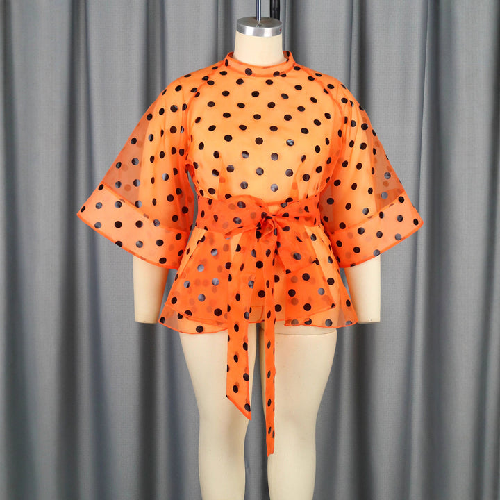 Damen Chiffonbluse mit transparentem Polka-Dots-Design und tailliertem Bindegürtel Drune