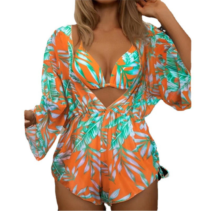 Damen Badeset mit floralem Wickeloberteil und Triangel-Bikini Drune