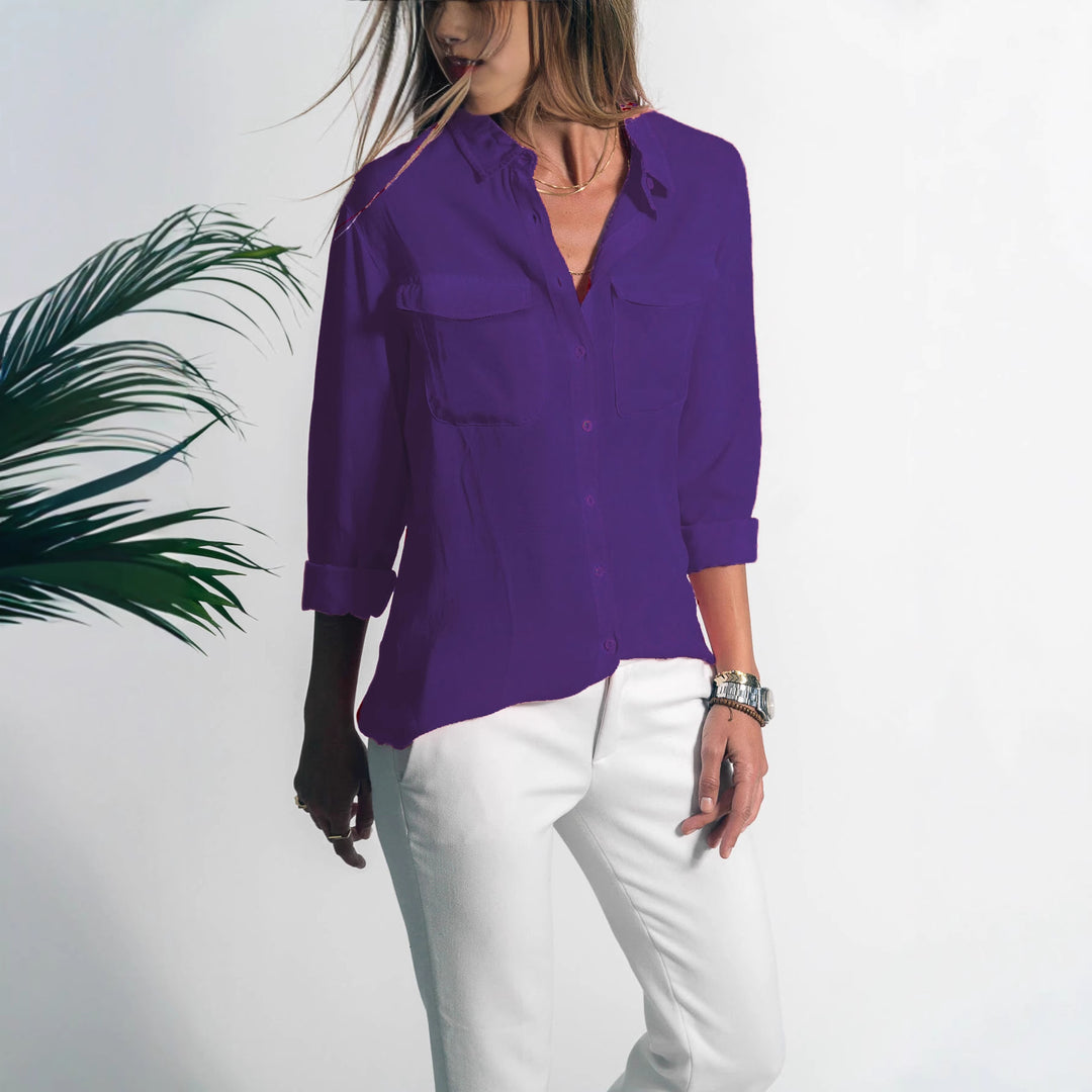 Damen Leichtes Hemd Bluse mit Brusttaschen und Lockerer Passform Drune