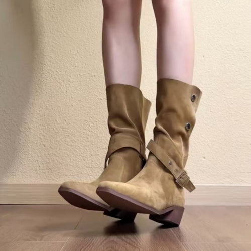 Damen Elegante Schnürstiefel mit modischem Riemen Drune