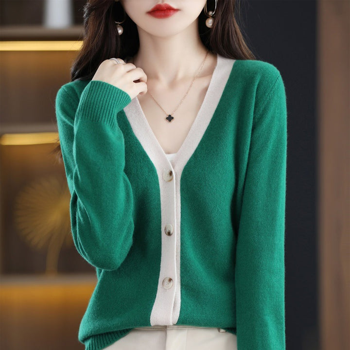 Damen Kontrastbesetzter V‑Neck-Feinstrickcardigan mit Perlmuttknöpfen Drune