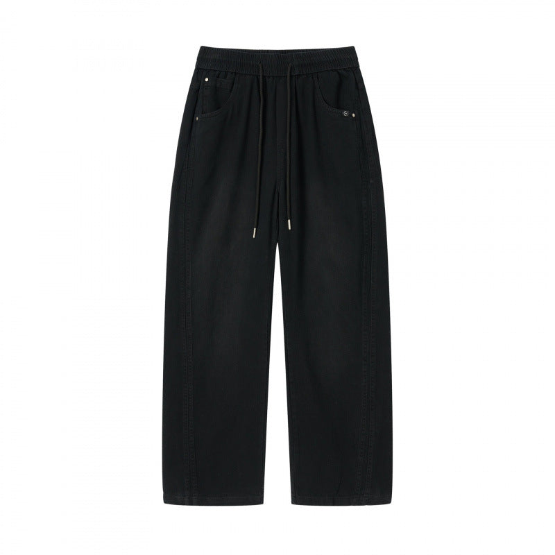 Damen weite High-Waist-Hose mit Elastikbund, Kordelzug und aufgesetzten Taschen Drune
