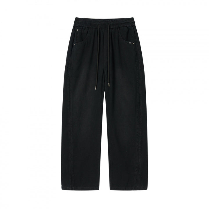 Damen weite High-Waist-Hose mit Elastikbund, Kordelzug und aufgesetzten Taschen Drune