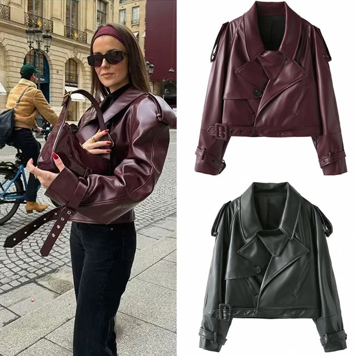 Damen nan cropped Kunstleder-Trenchblouson mit Schalkragen, Taillengürtel und verstellbaren Manschettenriemen Drune