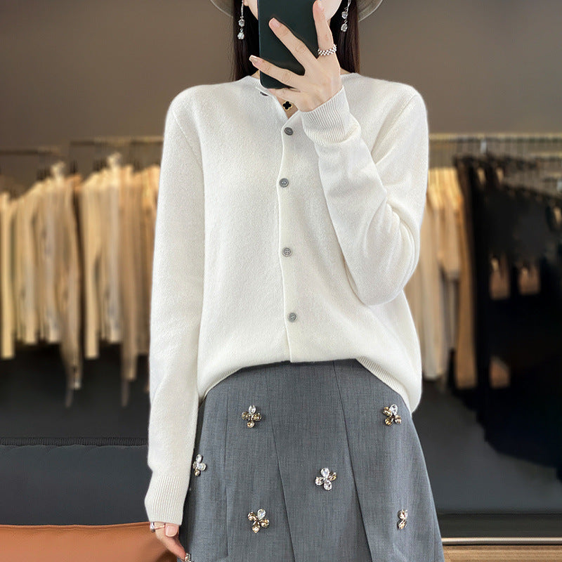 Damen Leichter Feinstrick-Cardigan mit Kaschmir‑Optik, Rundhalsausschnitt und verdeckter Knopfleiste Drune