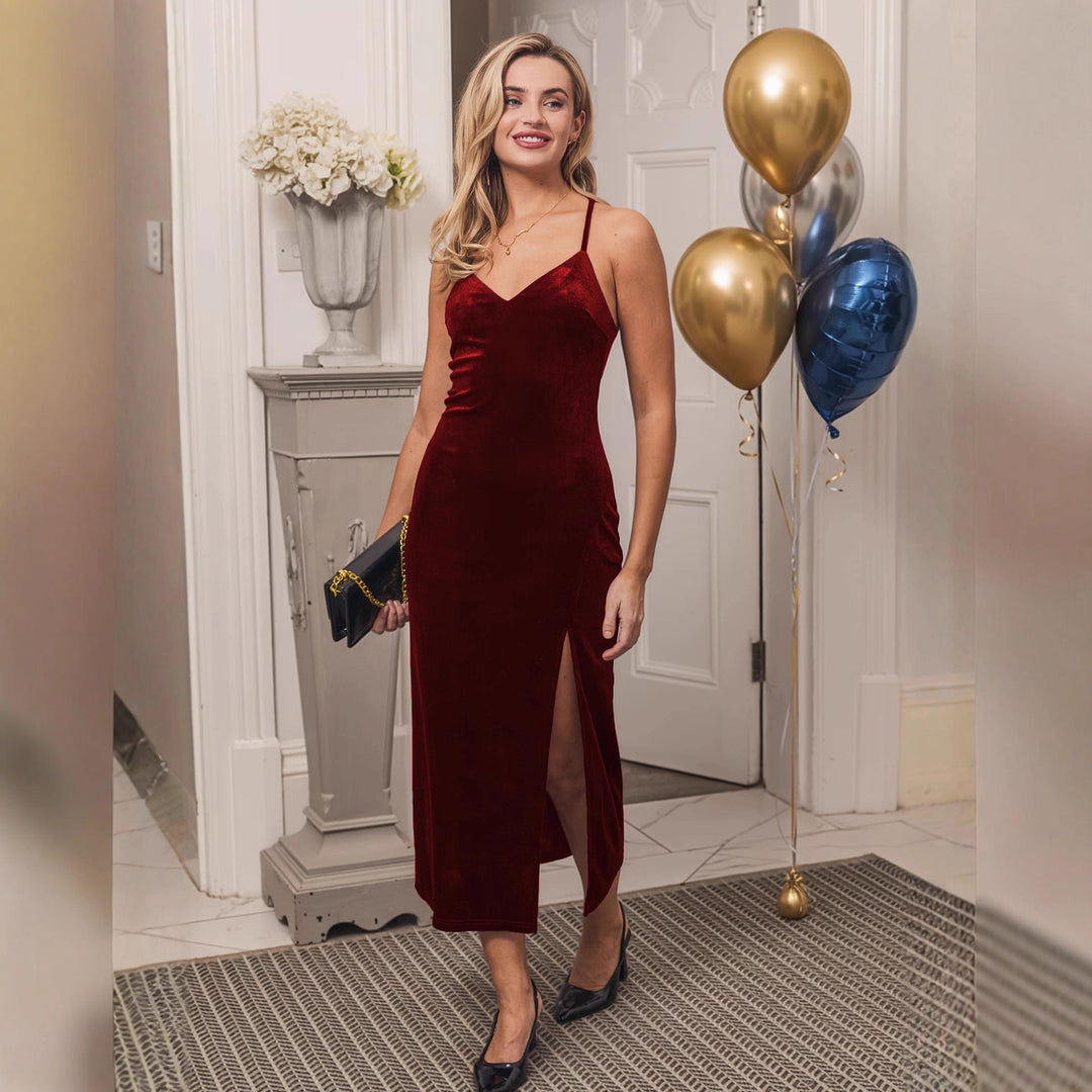 Damen Samt-Midi-Kleid mit tiefem V-Ausschnitt und seitlichem Schlitz Drune